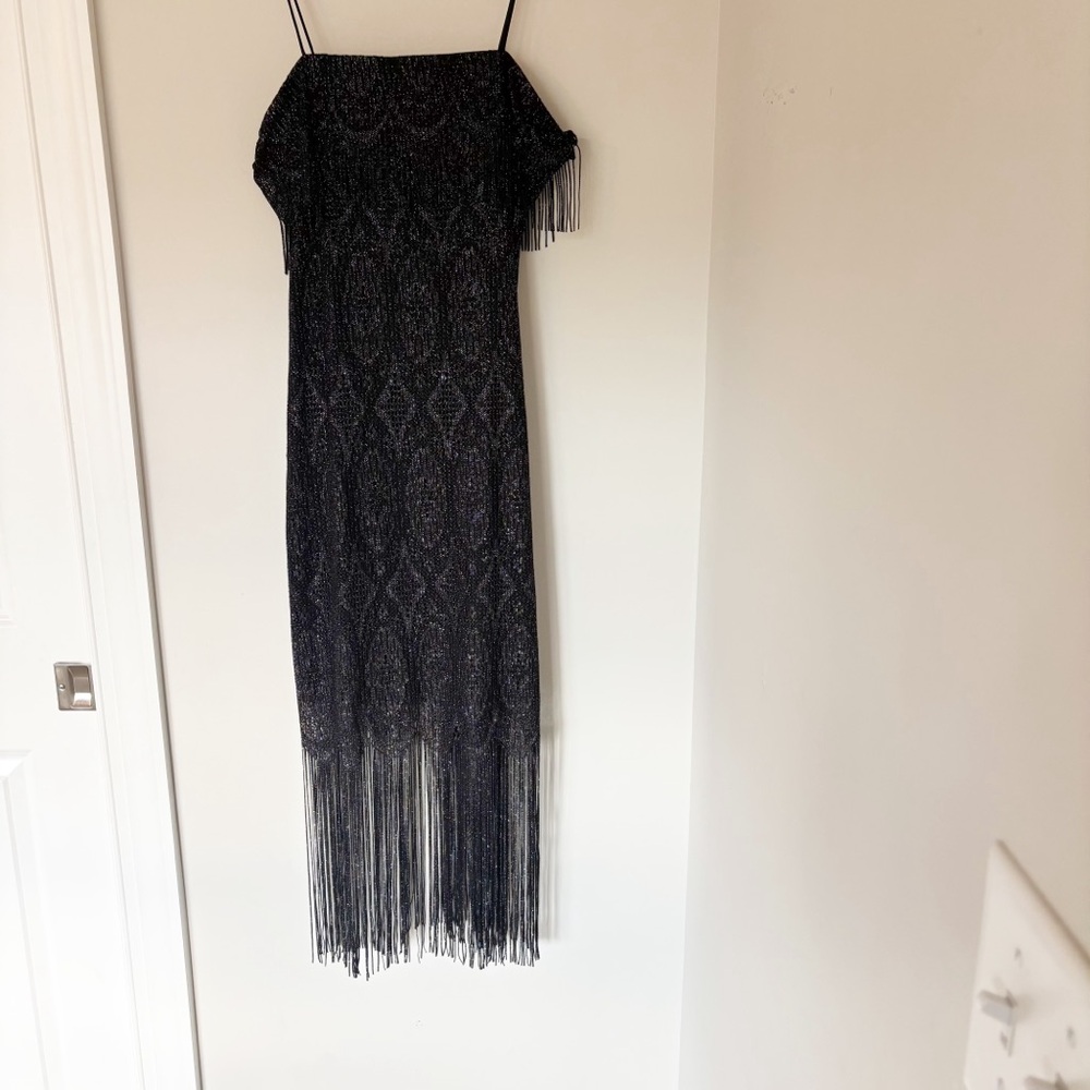 Vintage Betsy & Adam Elegant Black Fringe flapper Dress sz. M (Vintage sz. 12)